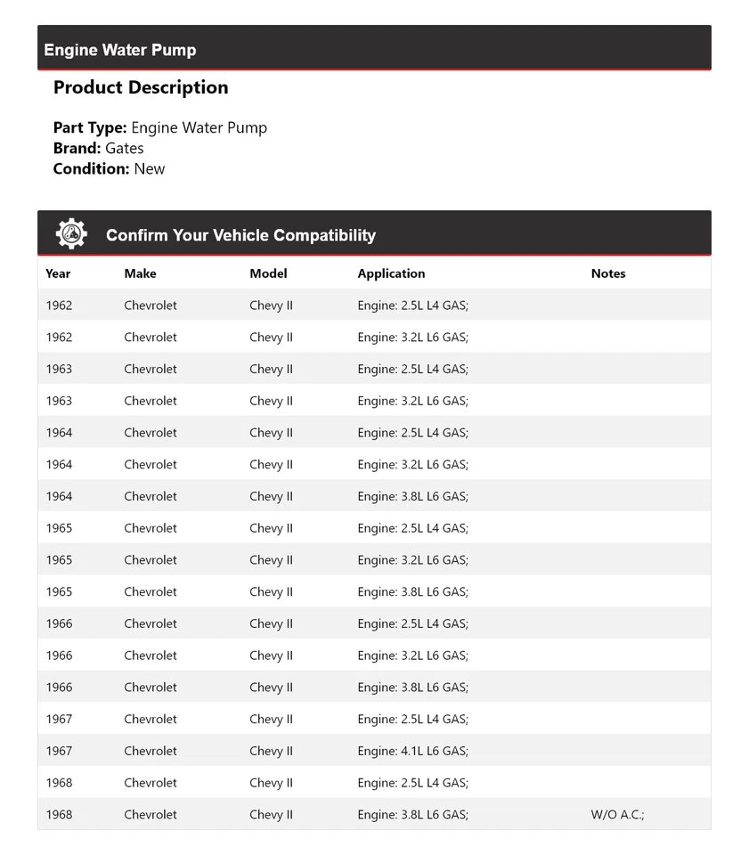 Puertas de bomba de agua del motor Chevrolet Chevy II 1962-1968 1963 1964 1965 1966 Foto 2 de 4