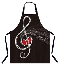 Music Notes with red heart Kitchen Apron for Women Men Adjustable Apron Chef ...