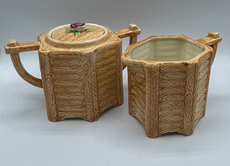 Vintage Ceramic Creamer & Sugar Bamboo with Rose blossom Top