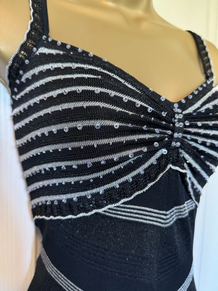 Vestido midi KAREN MILLEN talla 2 UK 8 10 vintage negro plateado con volantes y dobladillo Foto 4 de 4