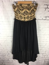 Forever 21 Dress Small Women's Black Beige Flowy Hi Low Aztec Strapless (EAA)
