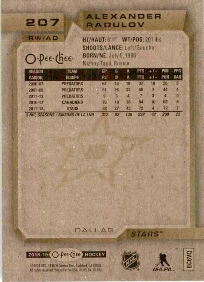 2018-19 O-Pee-Chee Alexander Radulov #207 - Image 2 of 2