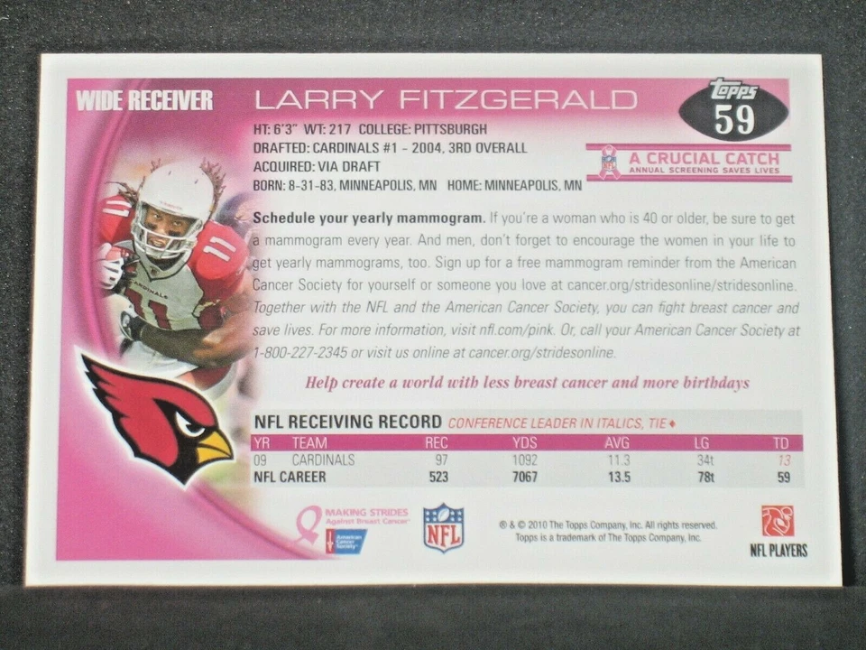 Larry Fitzgerald 2010 Topps Breast Cancer Awareness #59 Arizona Cardinals TOUGH - Image 2 of 2