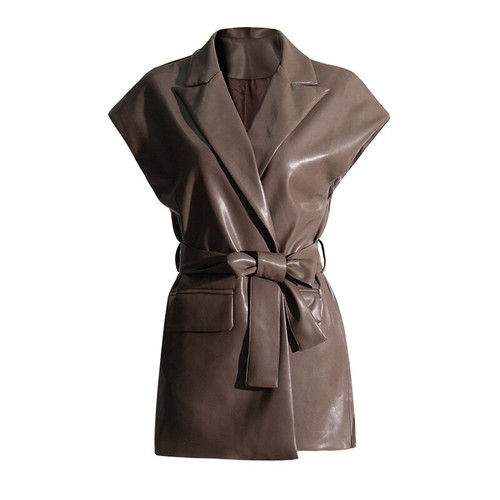 Womens Lapel Collar Sleeveless Belt Vest Elegant Pu Leather Slim Fit Waistcoat - Picture 2 of 12