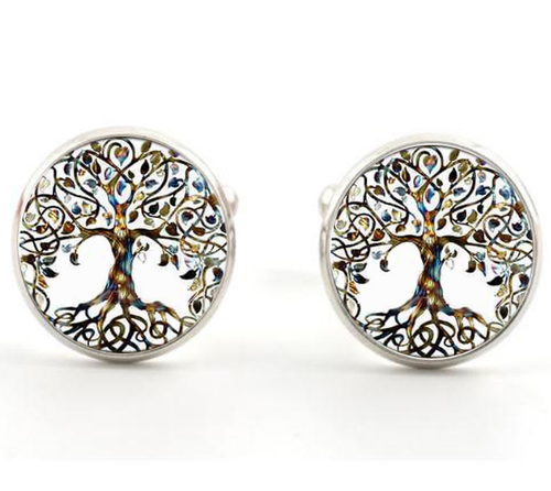 Men's Shirt Glass Colorful Life Tree Silver Brass Copper Cufflinks Cuff Links