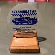 Steamboat 1989 Vi Rage Auto Race Glass And Wood Plaque 