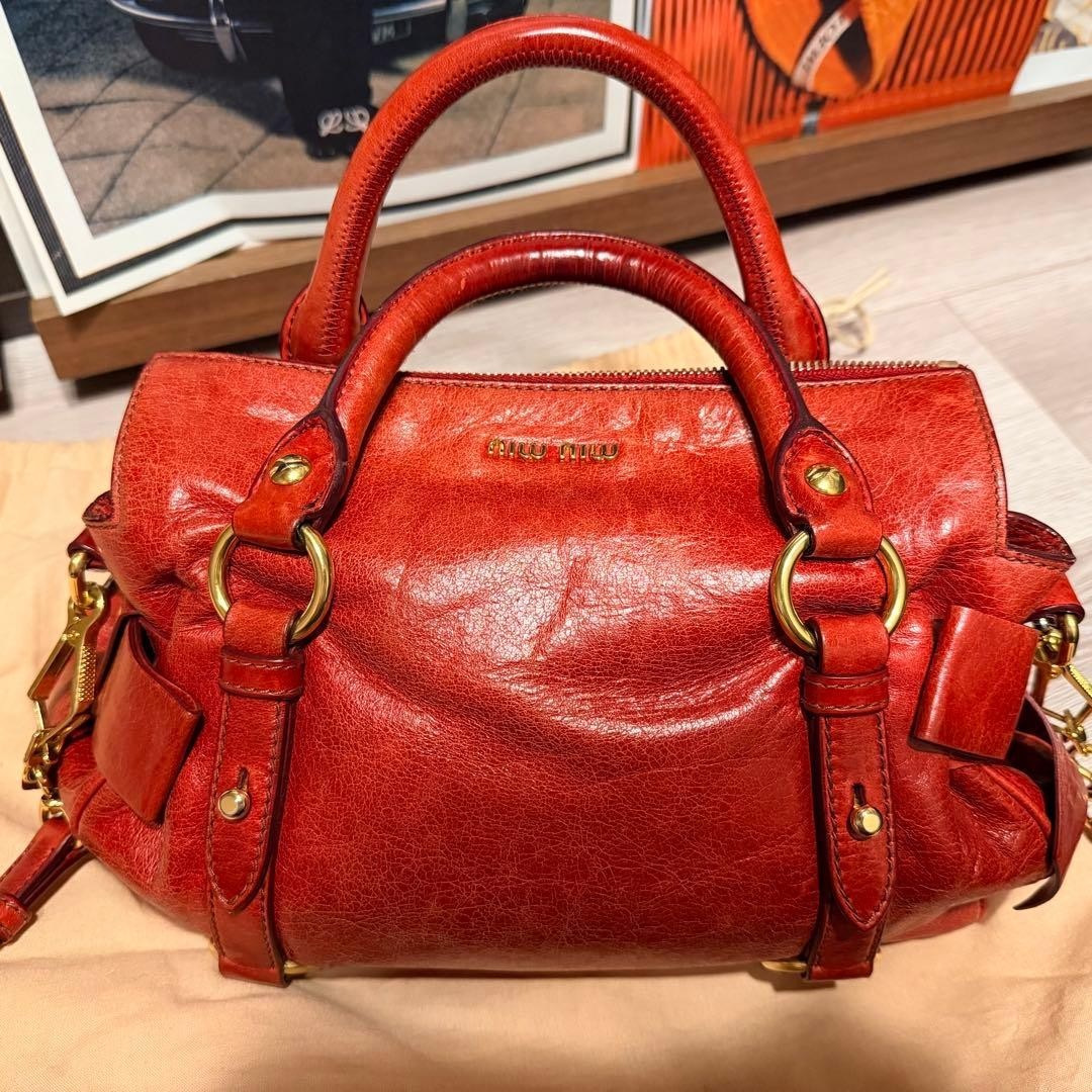 Miu Miu Vitello Lux Side Ribbon 2Way Handbag Red Auth Used Japan