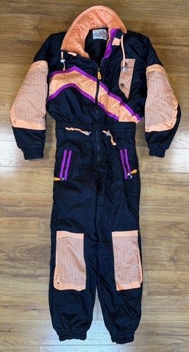 VTG 80s Ski Suit Profile Snowsuit Womens One Piece SnowBib Retro SZ L Black Neon