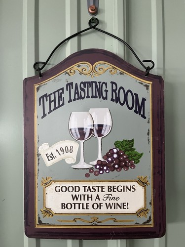 The Tasting Room Wine Sign Est. 1908 Plaque with Grapes Glasses Gray Purple