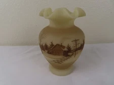 Fenton Custard Satin Hand Painted Vase Ruffled Snowy Log Cabin Signed S Bryan