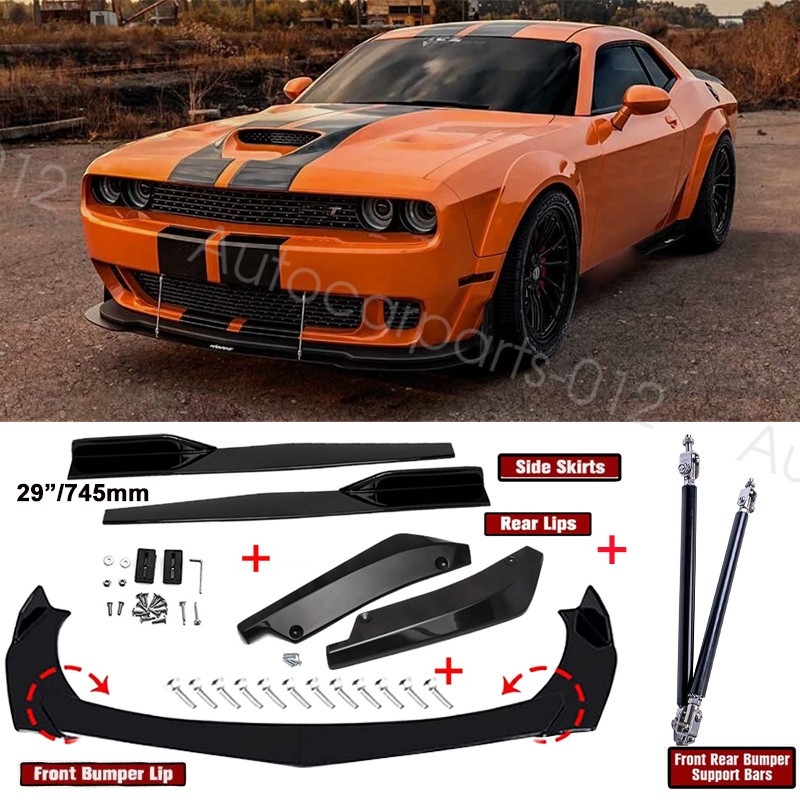 Front Bumper Lip Splitter + Side Skirt + Strut Rods For Dodge