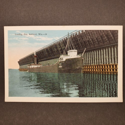 #ad Great Lakes Freighter Ore Ship at Ashland Wisconsin Original Postcard $4.95