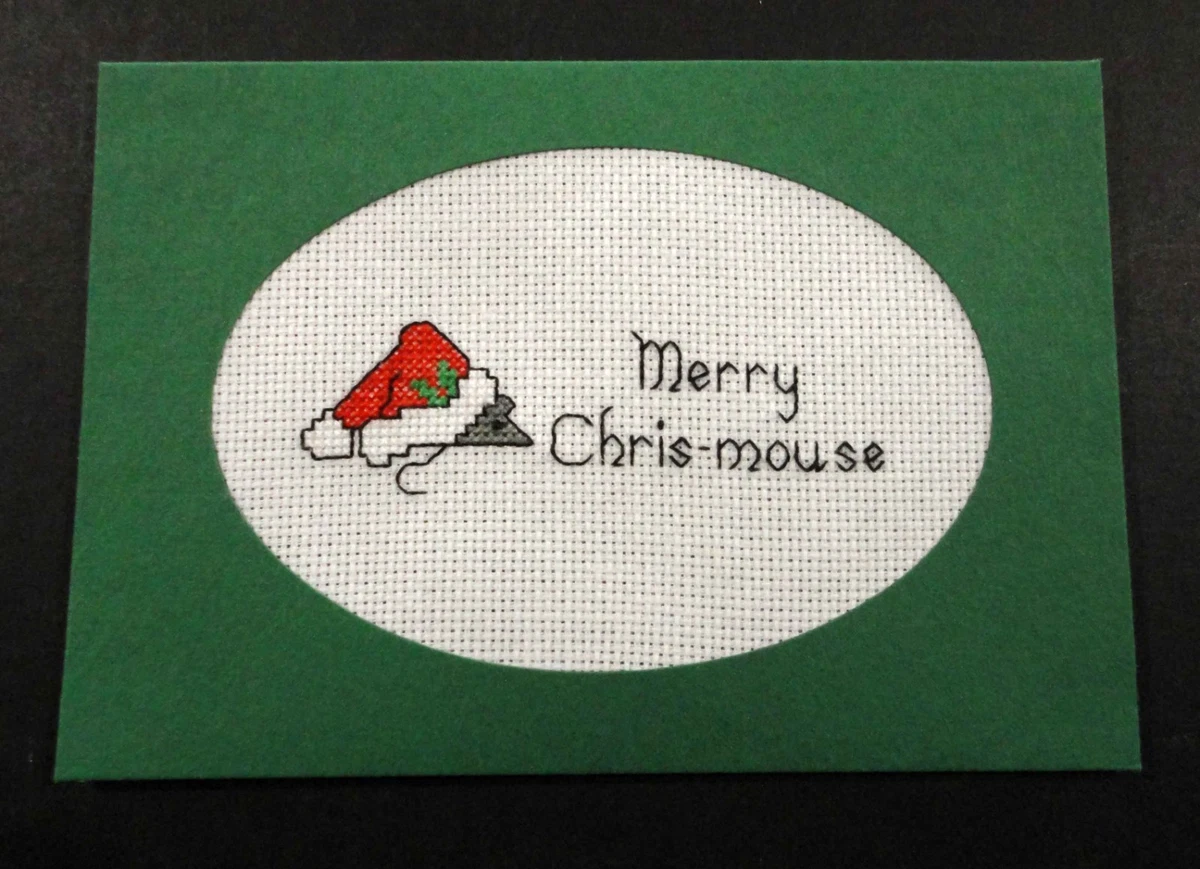 Cross Stitch Card- "Merry Chris-mouse"- (Completed card)