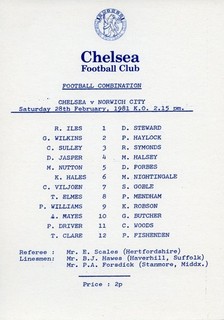 Chelsea v Norwich City 28/2/1981 Football Combination Programme