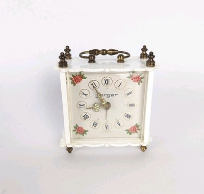 Vintage Jerger Manual Desktop Alarm Clock Floral White Rose 3-3/4'' WORKING