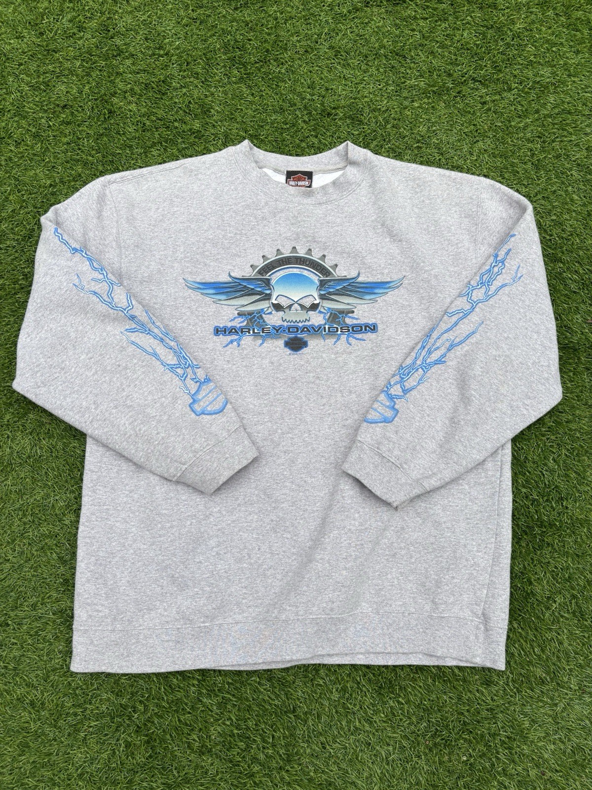 Y2K Harley Davidson Lightning crewneck sweater size large grey lightning sleeves