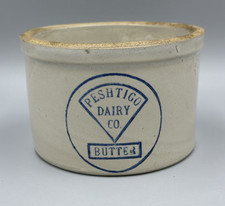 Antique PESHTIGO DAIRY Butter Crock Blue Stamp Wisconsin Stoneware Advertising