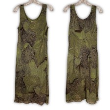 Vintage Y2K Lime Green Brown Paisley Fairy Sleeveless Tank Slip Dress Sz 10 M/L