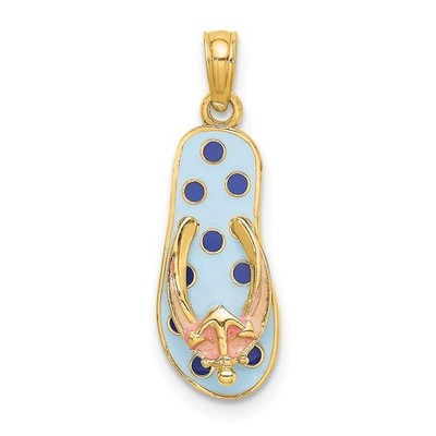 14k Gelbgold 3D Emaille Anker auf blauen Tupfen Flip-Flop Anhänger K6704