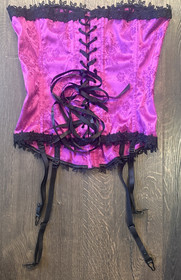 Frederick's of Hollywood Fuschia Black Lace Trimmed Corset Lingerie 36 Sexy