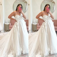 Strapless Wedding Dresses Sweep Train White Ivory Tulle Lace up Bridal Gowns