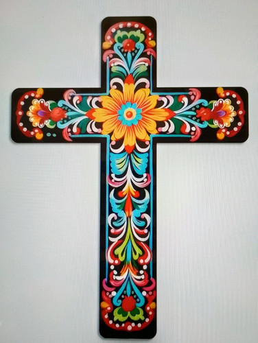 HAND PAINTED Design WOODEN CRUCIFIX, Cinco De Mayo Wall Decor See Pics Nice Gift - Picture 1 of 2