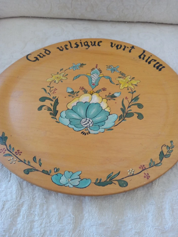Hand Painted Vtg Tole Ware Norwegian Solid Wood Plate Tray Folk Art Gud Velsigue - Image 2 of 4