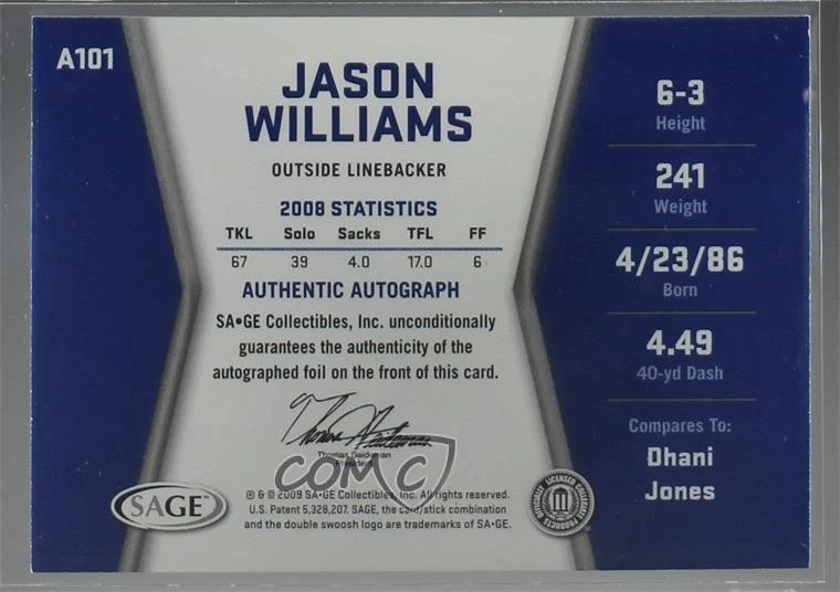 2009 SAGE Hit Auto Jason Williams #A101 Rookie Auto RC - Image 2 of 2