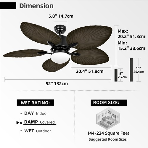 52" Ceiling Fan Light 5 Palm Leaf Blades Reversible Fan Home Decor with Remote - Picture 22 of 24