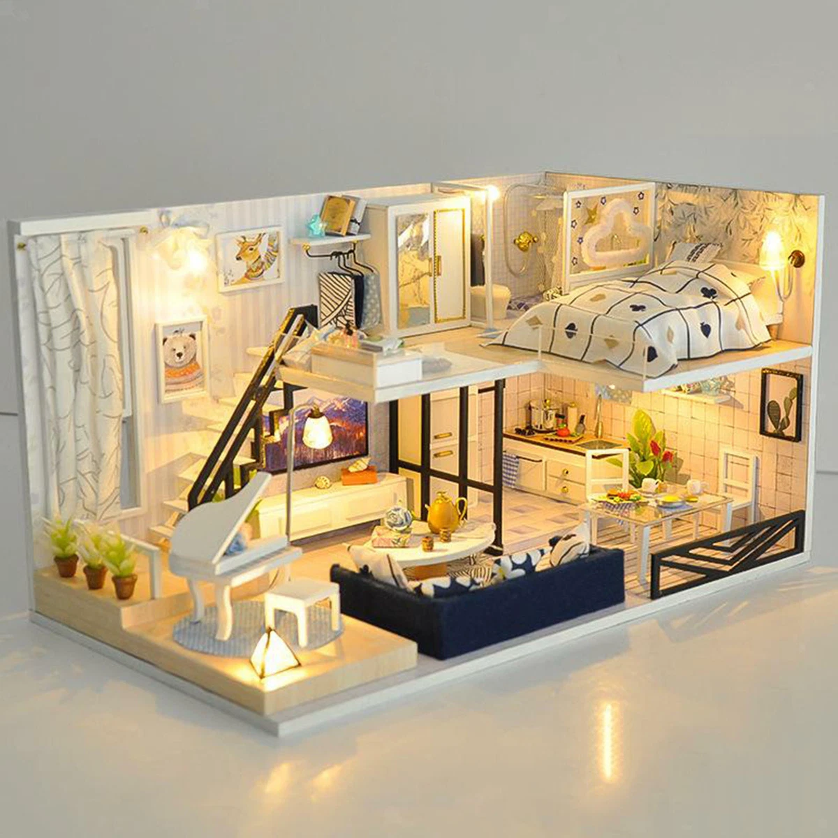 1 24 Wood Handmade Mini Dolls House with Furniture Loft Living