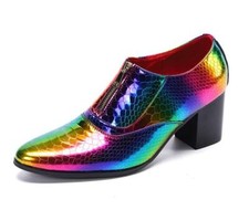 Mens Fashion Pointy Toe Zipper Textured Patent Leather Shoes Block High Heels DD