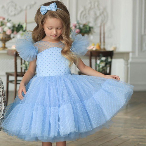 Summer Girl Dress Birthday Party Princess Dress Children Polka Dots Gown Flower - Picture 3 of 17