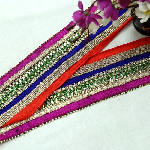 Vintage Multi Sari Border Pure Chiffon Silk Hand Embroidered 1yd Craft Trim Lace - Picture 4 of 14