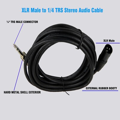 15ft XLR 3-Pin Male to 1/4'' Mono Cable Shielded PA Speaker Audio DJs Cable Cord