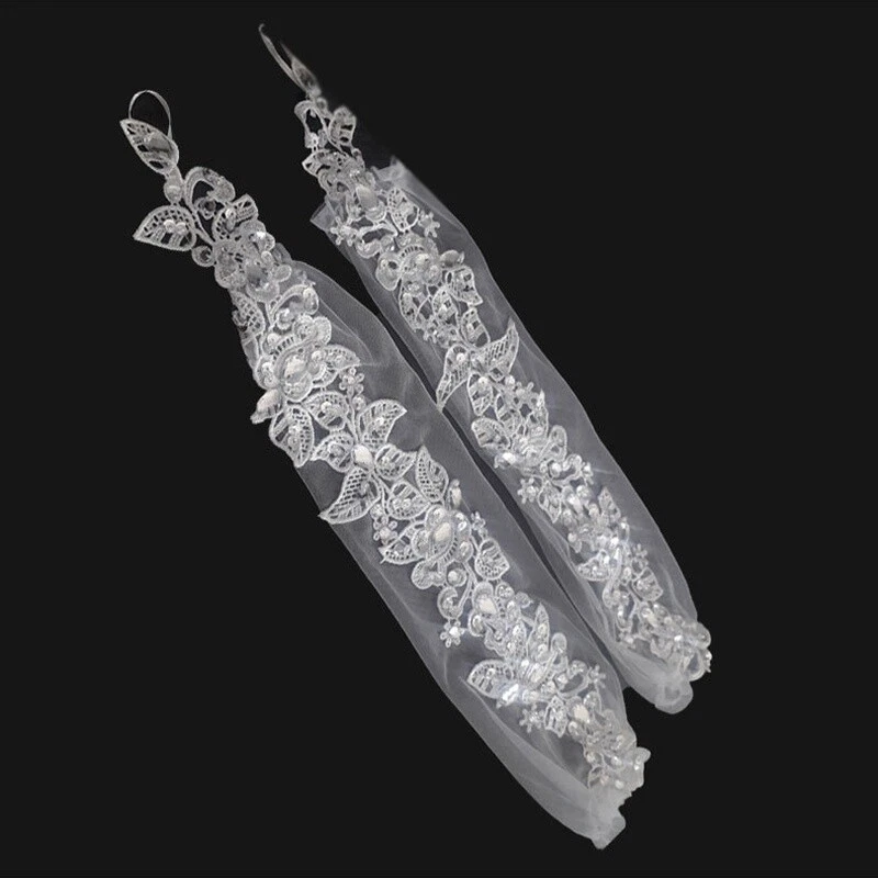 Braut Hochzeit Kleid Handschuhe Strass Lang Spitze Fingerlose Tanz Stütze - Bild 2 von 4