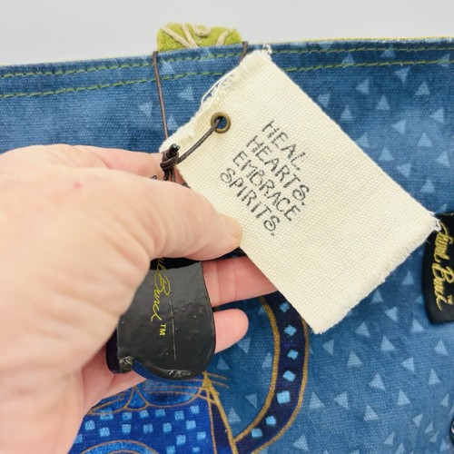 Laurel Burch Canvas Handbag Tote Blue Indigo 3 Cat Green Yellow Trim Charm Purse - Picture 6 of 13