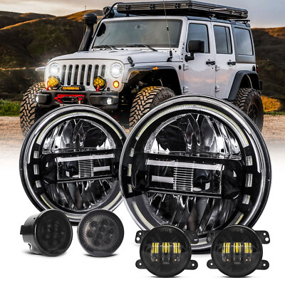 Combo 7'' LED Halo Headlights 4'' Fog Light Turn Signal Lamp For Jeep Wrangler JK