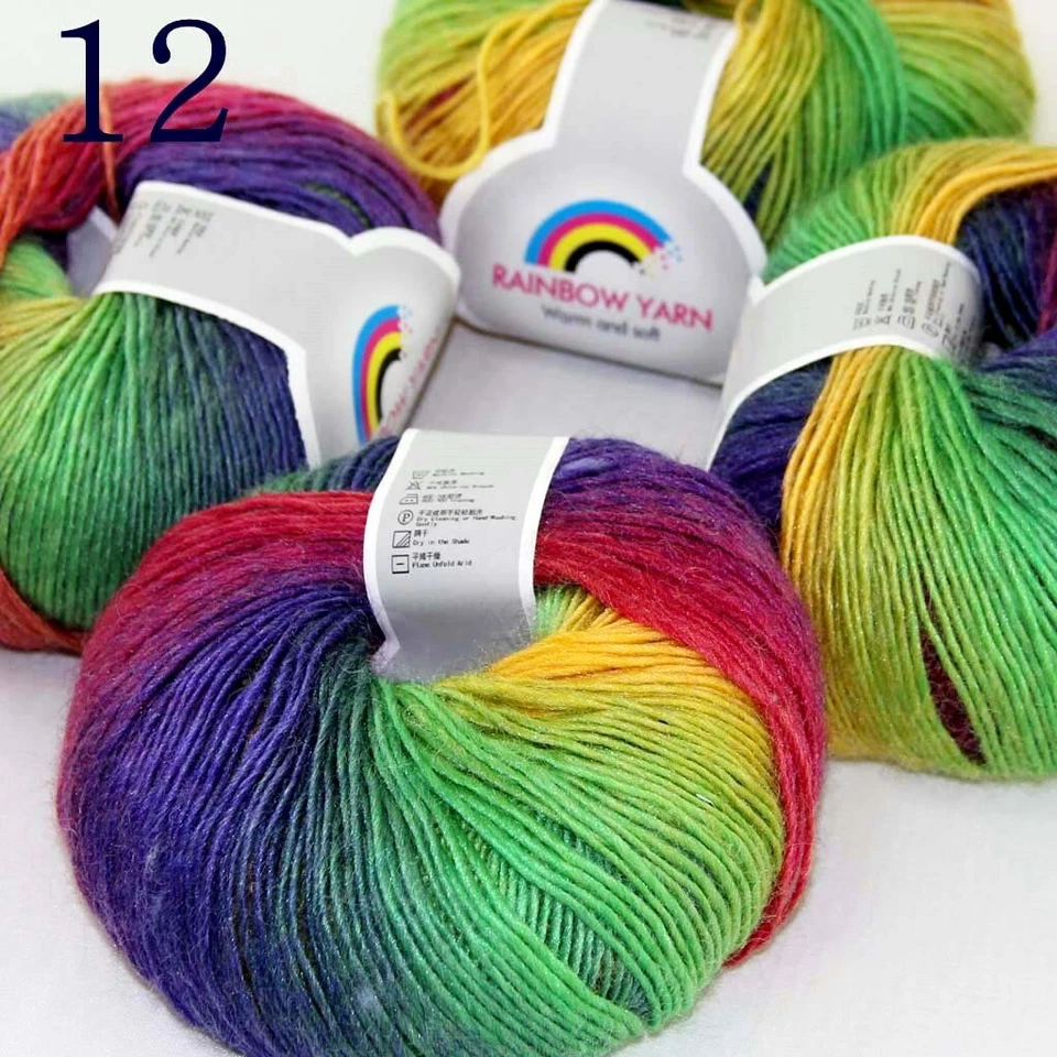 Sale 4Ballsx50gr Colorful Rainbow Rug Shawl Cashmere Wool Hand Crochet Yarn 12