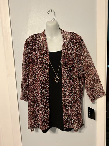 NWT Stitch Collection Berry & Black Cardigan Top with Mesh Overlay Plus Size 2X