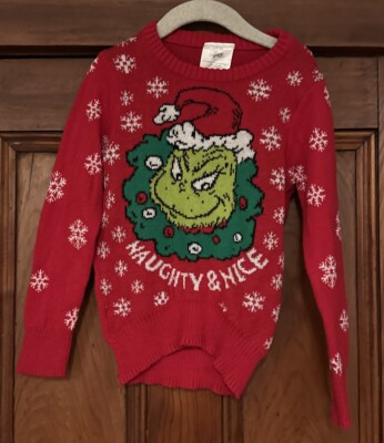 The Grinch Christmas Sweater Red Kids Girls Boys XSMALL 4-5 Snowflakes Wreath