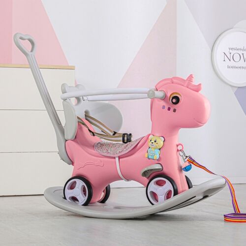 Toddler Rocking Horse, Balance Bike Ride On Toy with Push Handle & Backrest