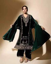 Wedding Look Viscose Velvet Green Salwar And Kameez With Dupatta For Women