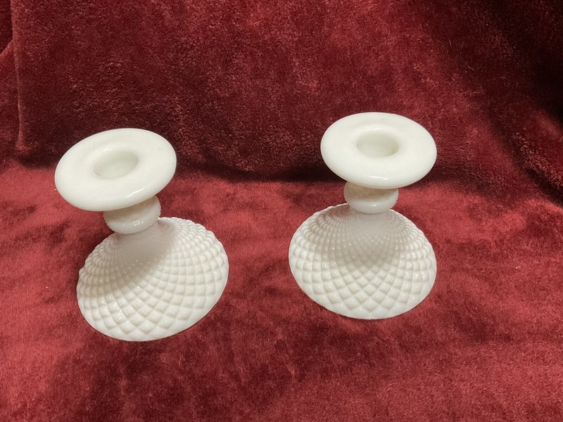 Westmoreland English Hobnail Candlesticks, Pair Milk Glass 4” tall, Vintage