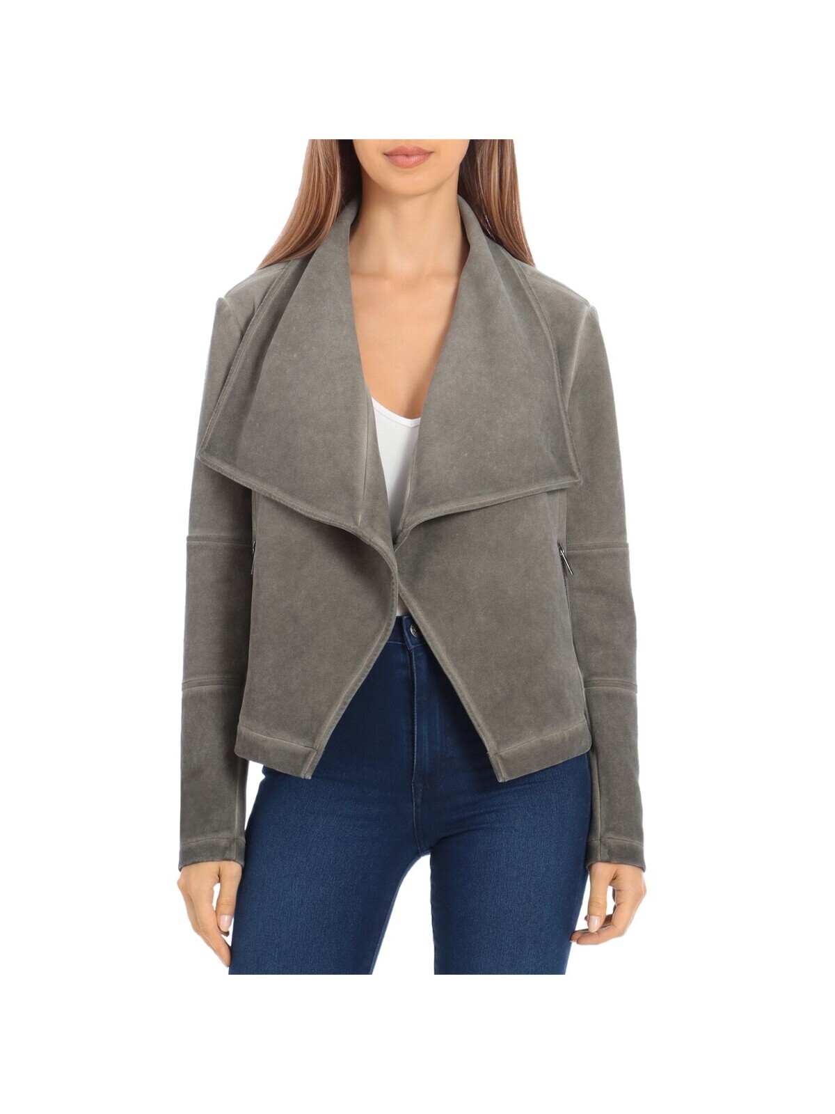 BAGATELLE Womens Gray Pocketed Zippered Long Sleeve Open Front Jacket L