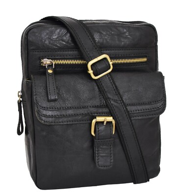 Echt Schwarz Leder Umhängetasche für Herren Robust Vintage Zip Top Flight Bag