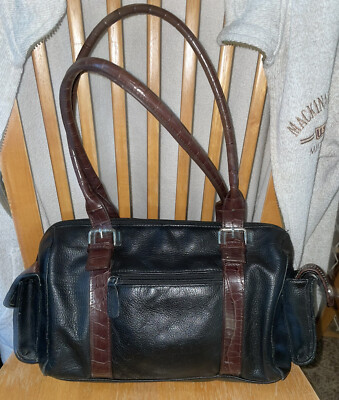 Vintage Ego Bag Black Leather Satchel W/ Brown Trim