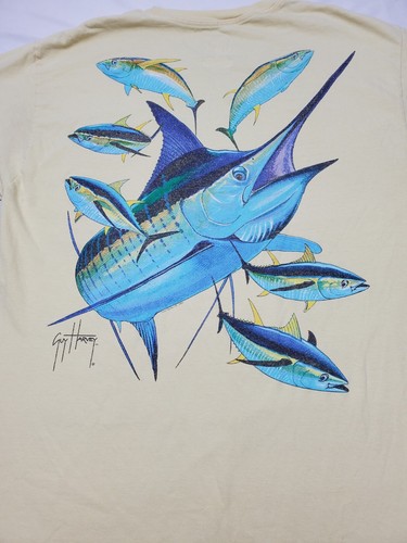 Guy Harvey By AFTCO Bluewater Giallo Blu Marlin TShirt Uomo Taglia Media - Foto 11 di 17