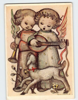 Postcard Two Angels Playing Musical Instruments Happy Easter Card