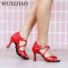 Women Party Satin Dance Shoe Soft Bottom Latin Dance Shoes Red / Blue Salsa heel