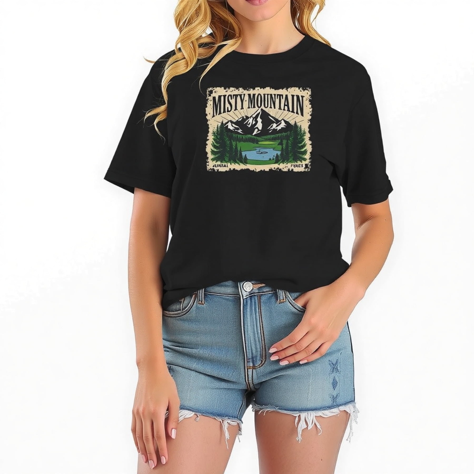 Vintage Misty Mountain Graphic T-Shirt for Women - Relaxed Fit Black Tee